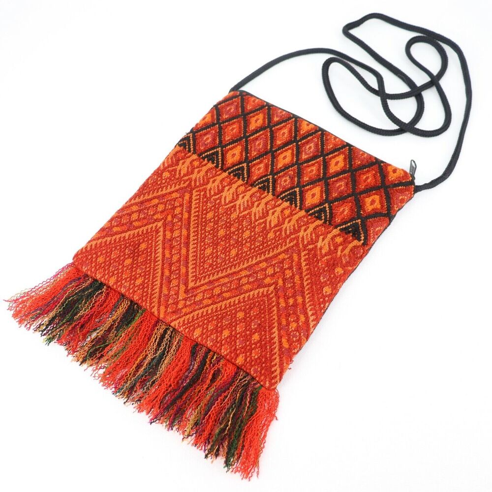 Vtg Guatemala Crossbody Handbag S Red Aztec Diamond Shoulder Bag Fringe